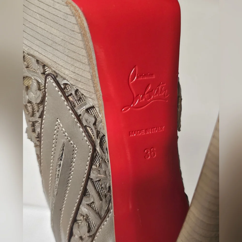Christian Louboutin Brown Laser-Cut Leather Pampas 150 Peep Toe Ankle Boots Size - Picture 2 of 9